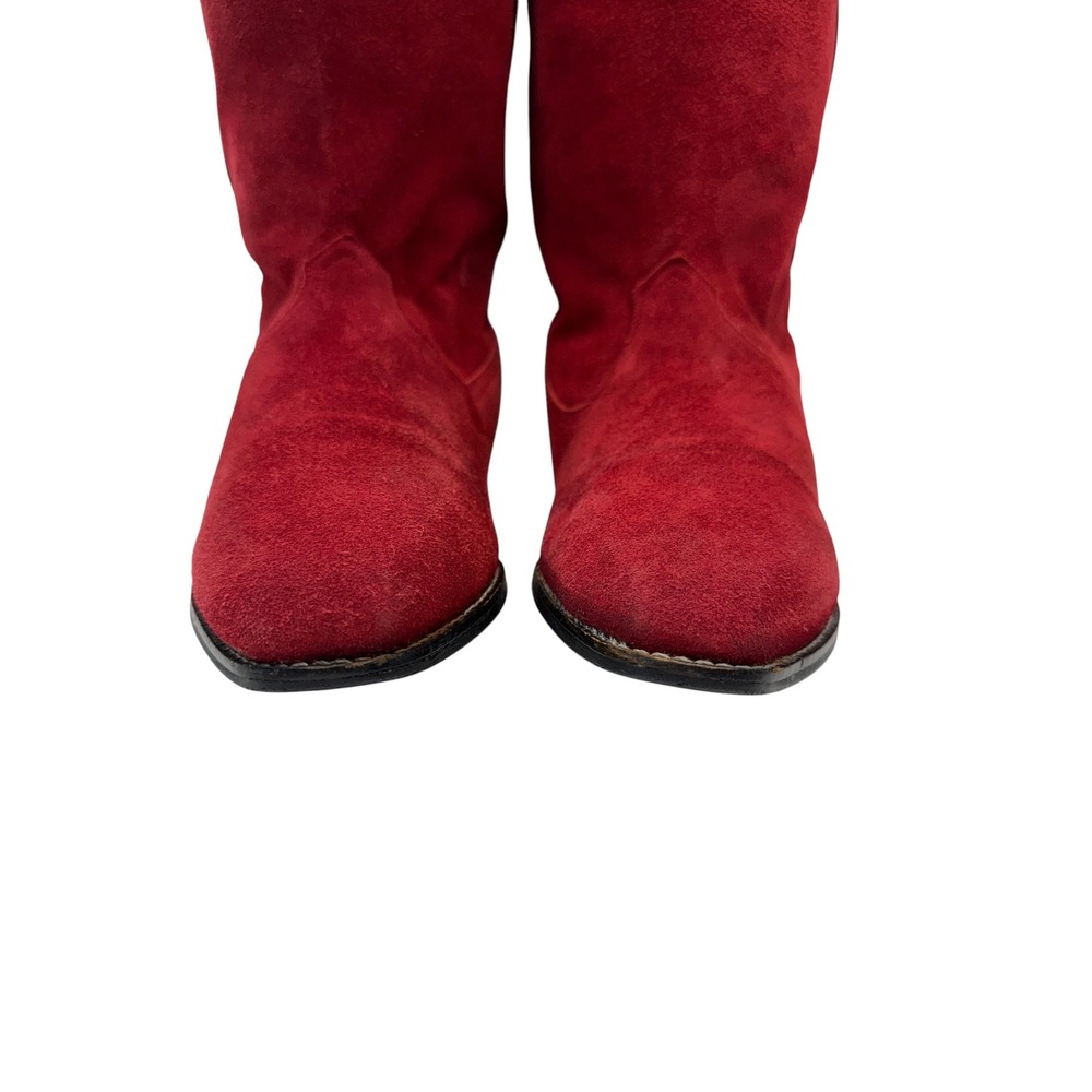 Red Suede Tall Western Cowboy Slouch Boots Women Size 8.5 Low Heel V-Cut Topline - Picture 4 of 10